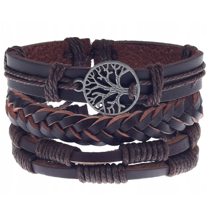 Bratara barbati, Luka, set 3 bratari din ecopiele, culoare maro, dimensiune universala