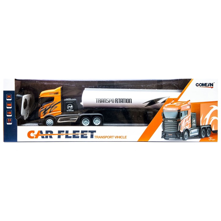 Camion cu telecomanda Kathay-Haster, portocalie, 1:16, cu remorca, 57x13x16cm