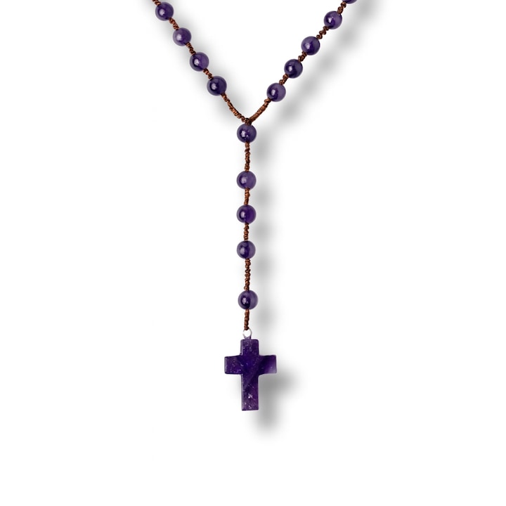 Colier cu Margele din Ametist Natural si Pandantiv Cruce - Liniste Interioara si Protectie Spirituala