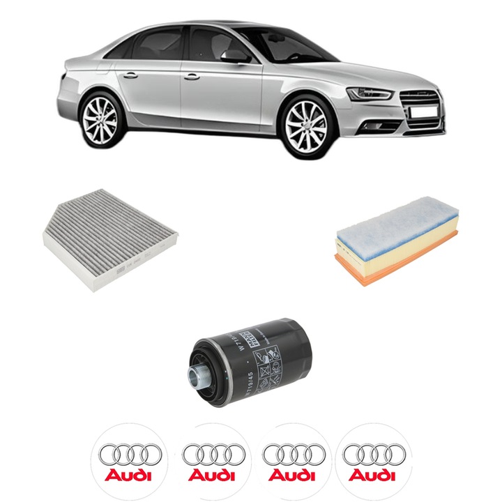 Pachet revizie AUDI A4 B8 (8K2) 2.0 TFSI flexible fuel quattro din 2009-2015, Contine filtru aer, ulei, polen habitaclu carbon MANN, 4x Stickere cu AUDI