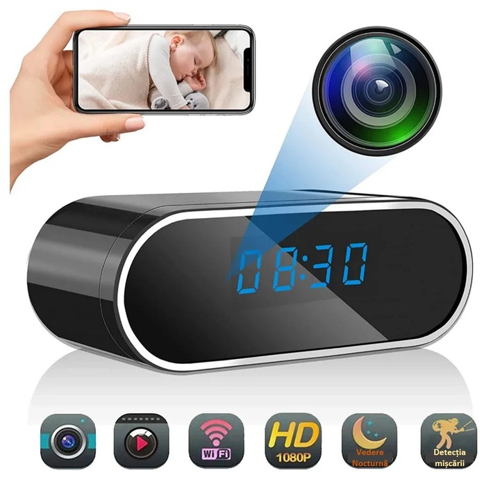 Camera Spion Ascunsa in Ceas Desteptator, WIFI, Sinzo, rezolutie Full HD 1080P, Detectare Miscare, Baterie 4000 mAh, Unghi de Vizualizare 140°, SD card 32GB inclus, negru