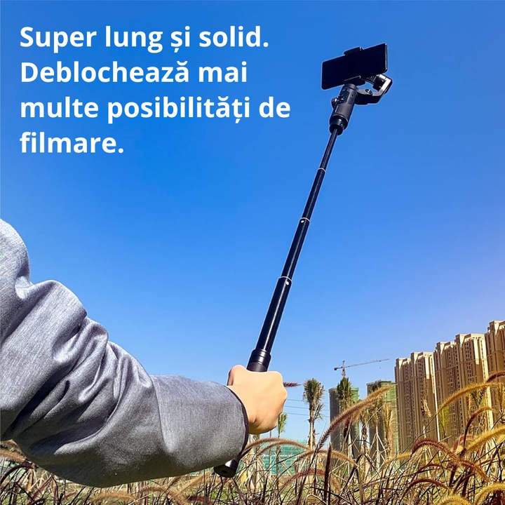Brat Extensibil 72 cm pentru Stabilizator Gimbal Telefon VITTALIST®, Selfie Stick Telescopic, Prindere Universala cu Filet Standard 1/4”, Compatibil Smartphone iOS/Android si Camere de Actiune tip GoPro, Negru Carbon