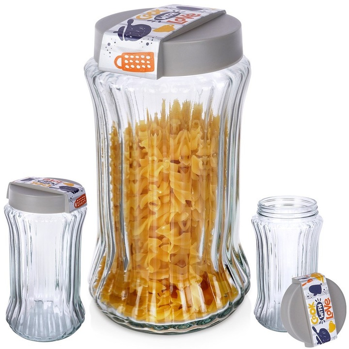 Recipient Din Sticla, Excellent Houseware, 1.6 l, 11.5x11.5x23 cm, Sticla, Capac Cu Filet Si Garnitura, Fara Bpa, Transparent/Silver