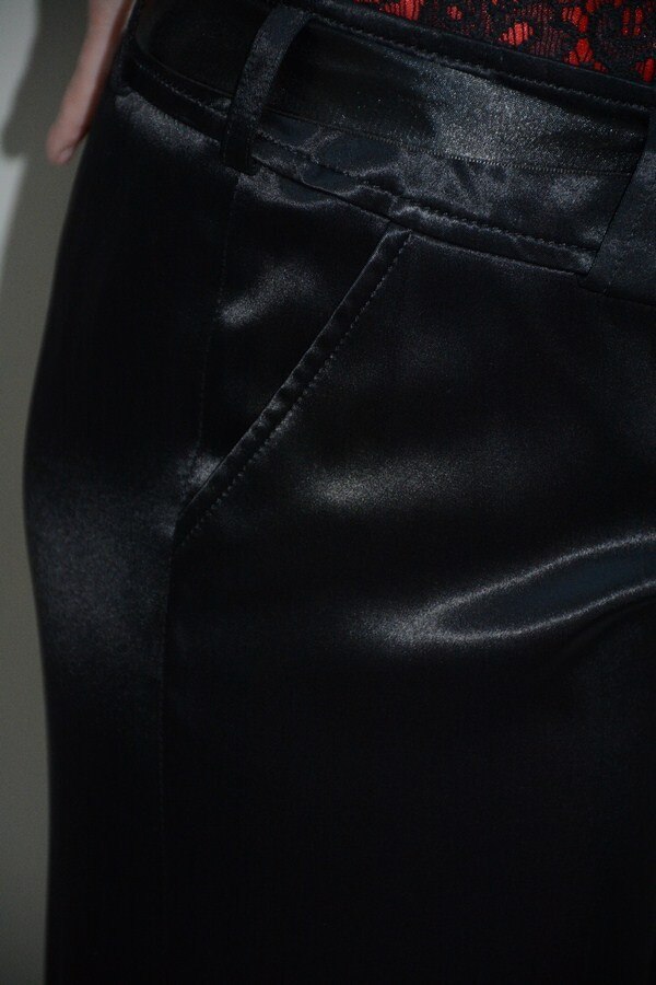 Pantaloni drepti cu cordon in talie, material satinat,D&J Exclusive,, Negru, 48