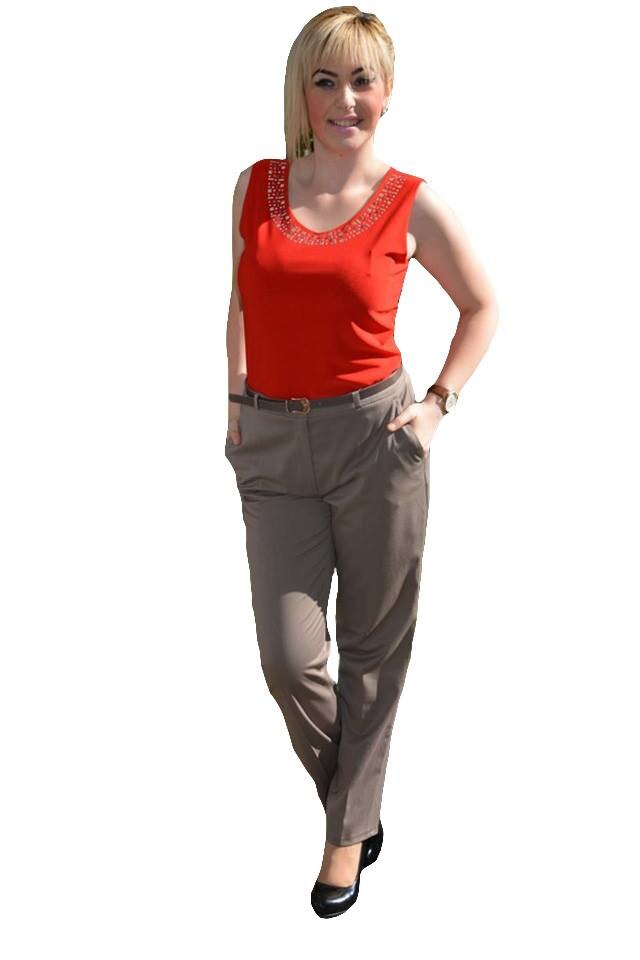 Pantaloni lungi cu aspect clasic, cu talie medie,masura mare,D&J Exclusive, Nisipiu