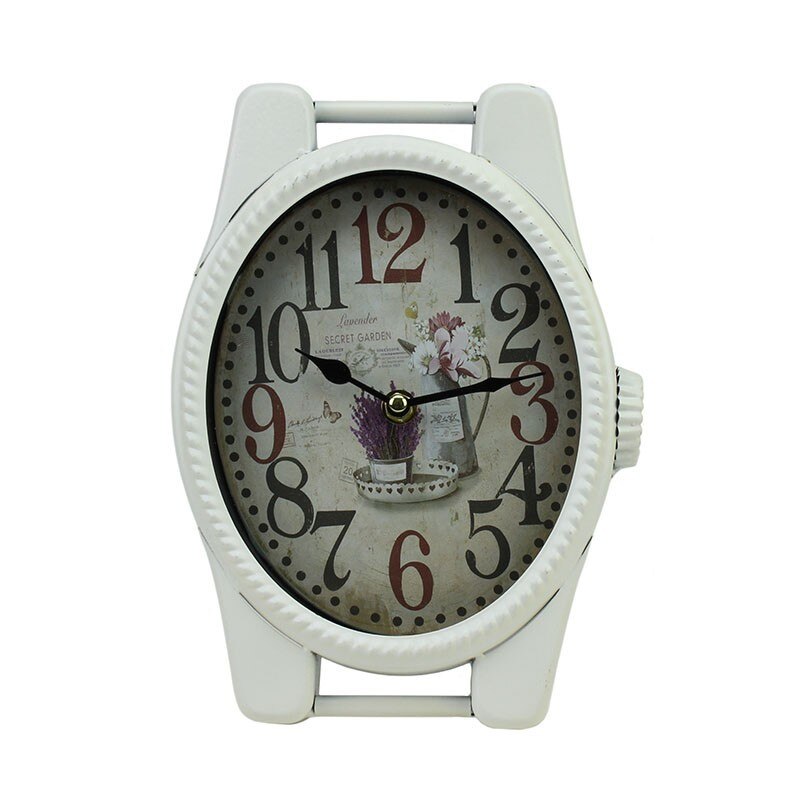 Ceas de birou imprimeu floral, quartz, functionare silentioasa, alb