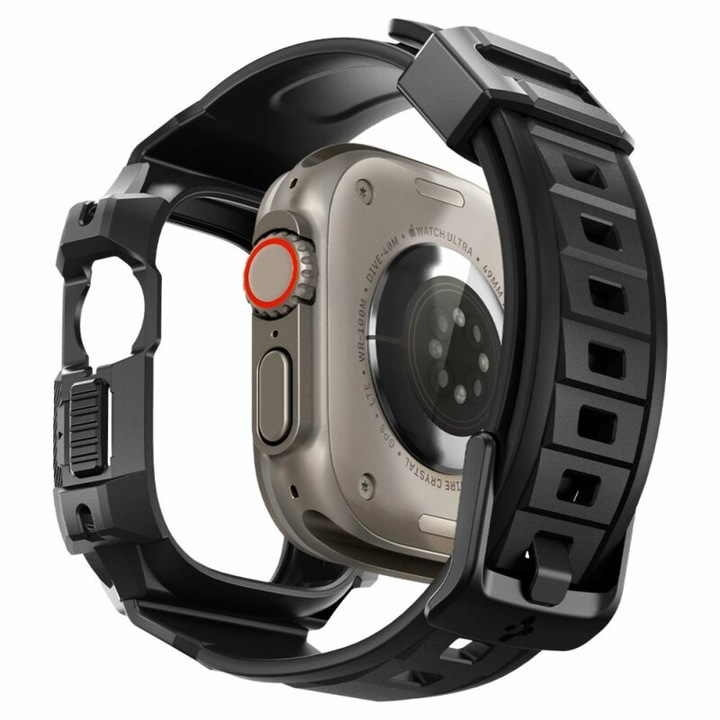 Set Carcasa de protectie si curea Spigen pentru ceas compatibila cu Apple Watch Ultra / Ultra 2, Rugged Armor Pro, Ajustabila, Incarcare wireless, silicon militar, Negru