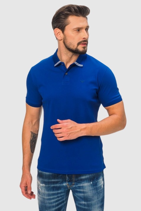 Tricou polo barbati Emporio Armani, albastru, guler cu dungi, aplicatie logo, 100% bumbac, M INTL