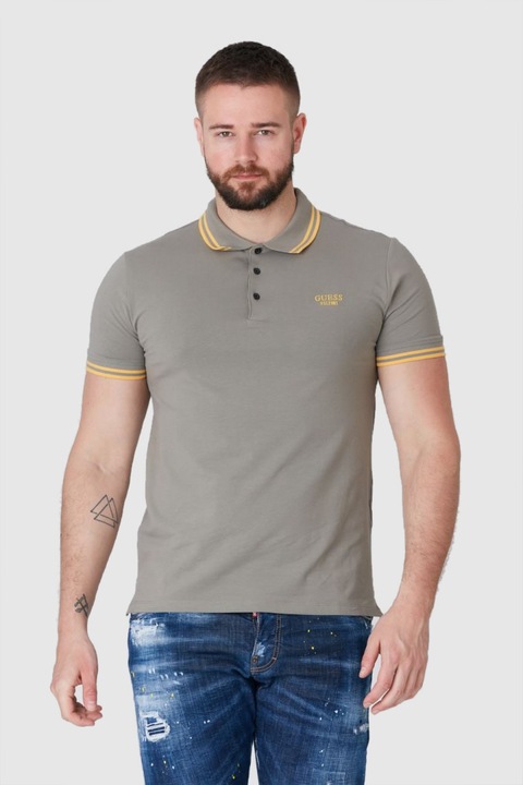 Tricou polo barbati GUESS, kaki, croiala extra slim fit, 95% bumbac, primavara/vara 2022, S INTL