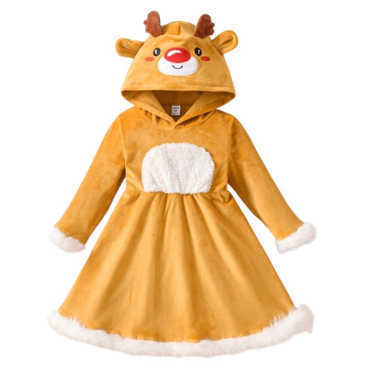 Costum ren, rochie cu gluga, bej, 5-6 ani, 110-116 cm