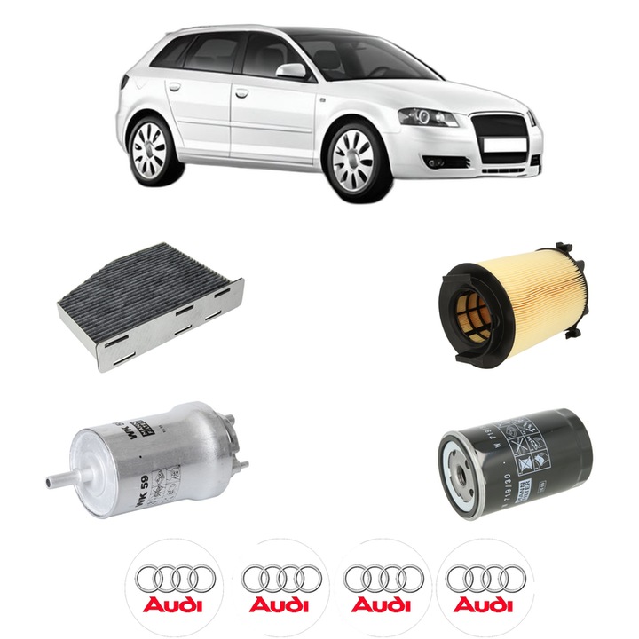Pachet revizie AUDI A3 Sportback (8PA) 1.6 E-Power din 2011-2013, Contine filtru aer, ulei, combustibil, polen habitaclu carbon MANN, 4x Stickere cu AUDI