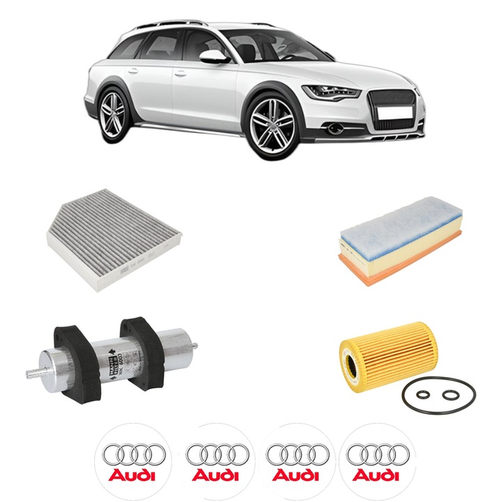 Pachet revizie AUDI A4 Allroad B8 (8KH) 2.0 TDI quattro din 2011-2016, Contine filtru aer, ulei, combustibil, polen habitaclu carbon MANN, 4x Stickere cu AUDI
