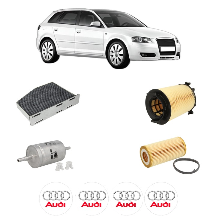 Pachet revizie AUDI A3 Sportback (8PA) 2.0 FSI din 2004-2008, Contine filtru aer, ulei, combustibil, polen habitaclu carbon MANN, 4x Stickere cu AUDI