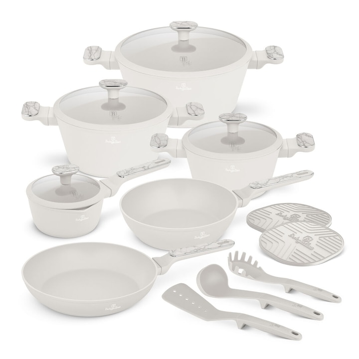 Set utensile bucătărie Berlinger Haus Sahara Marble, 15 piese, crem mat, aluminiu, antiaderent