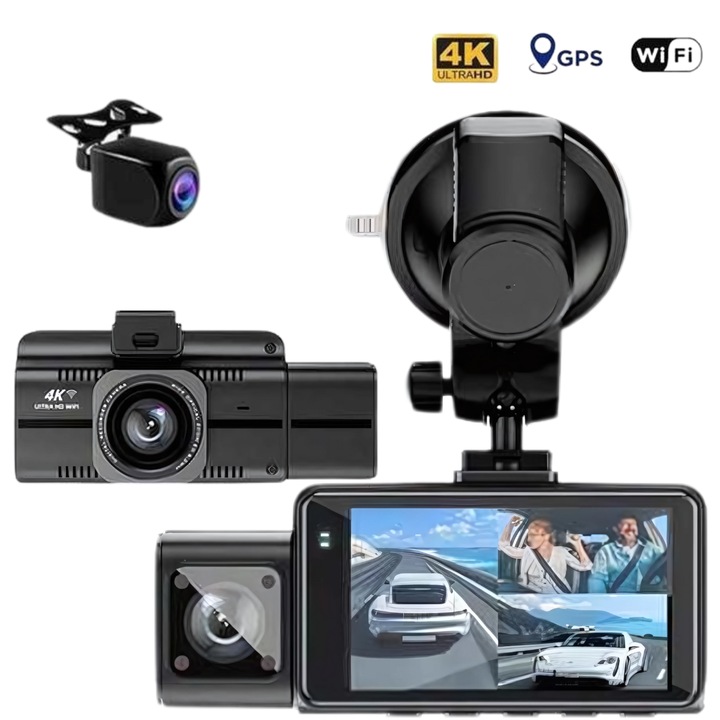 Camera Auto de Bord DVR QOVU ® F6, Tripla 4K Fata 1080P Interior 1080P Spate, GPS inclus, Senzor coliziune, Vedere nocturna cu infrared interior, WiFi, Camp vizual larg 170°&120°x120°