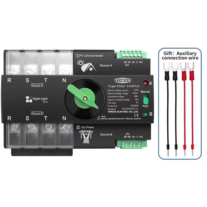 Comutator automat transfer TOMZN TOQ7, ATS Dual, 4P, 125A, 220V 230V, pentru retea + PV