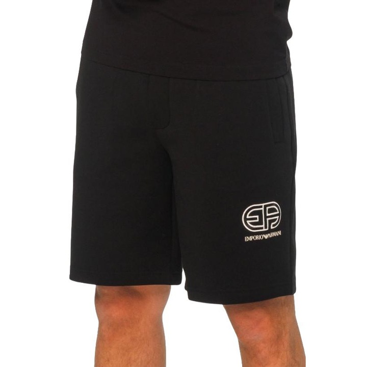 Pantaloni scurti pentru barbati Emporio Armani, talie elastica, cu logo brodat, bumbac/poliester, negru, S INTL