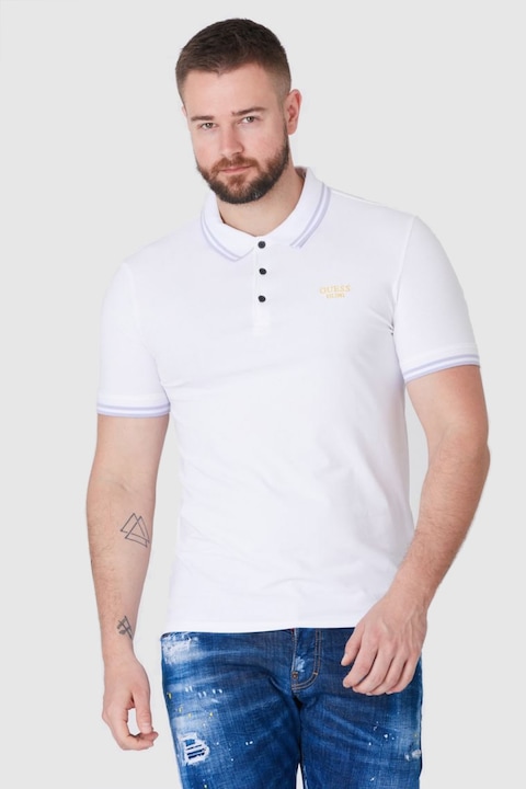 Tricou polo GUESS, alb, croiala extra slim fit, cu logo brodat, material bumbac-elastan, S INTL