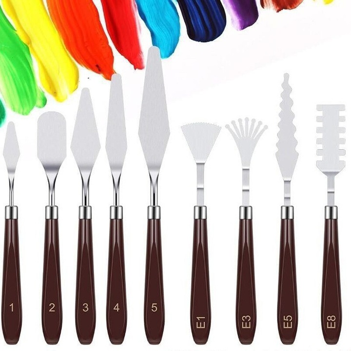 Set 9 spatule pentru pictura, BOMSTOM, Otel inoxidabil, Potrivit pentru pictura in ulei, pe panza si acril, Argintiu/Maro