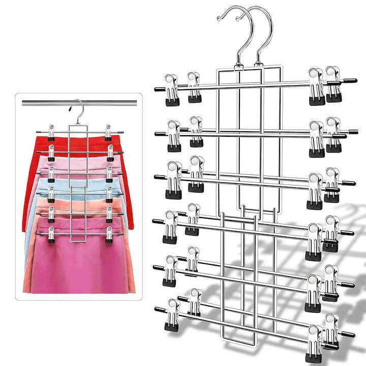 Set 2 Umerase Elindor® cu 6 Nivele si 12 Cleme, Potrivit pentru 6 Articole de Imbracaminte, Ideal pentru Depozitare Pantaloni, Fuste, Bluze, Tricouri, Ideal pentru Dressing Organizat si Ordonat, 52.6 x 32.3 cm, Argintiu