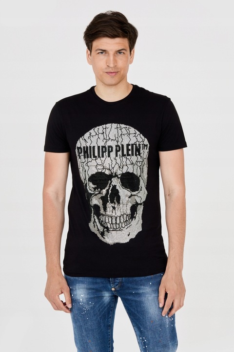 Férfi póló, Philipp Plein, repedt koponya strasszokkal, fekete, 2XL INTL