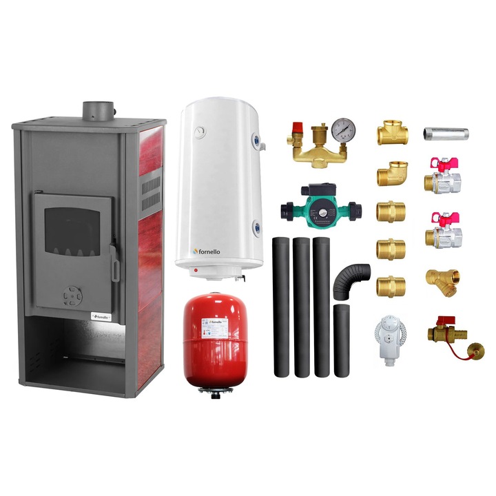 Set Termosemineu pe lemne, brichete si carbune Fornello Roma E, Bordeaux, 22 kW, 49x45x103 cm, boiler termoelectric 100l, vas expansiune, pompa circulatie, kit evacuare si kit montaj