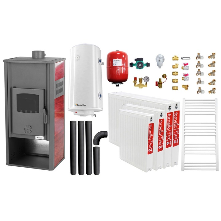 Set incalzire si apa calda pentru 3 camere Termosemineu pe lemne, brichete si carbune Fornello Roma E, Bordeaux, 22 kW, 49x45x103 cm, boiler termoelectric 100l, vas expansiune, pompa circulatie, kit evacuare, calorifere si kit montaj