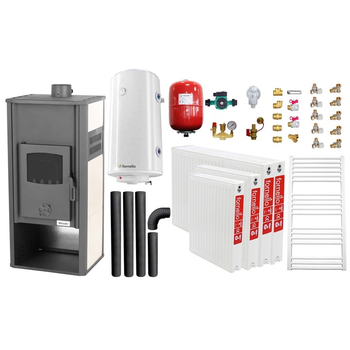 Set incalzire si apa calda pentru 3 camere Termosemineu pe lemne, brichete si carbune Fornello Roma E, Ivory, 22 kW, 49x45x103 cm, boiler termoelectric 100l, vas expansiune, pompa circulatie, kit evacuare, calorifere si kit montaj