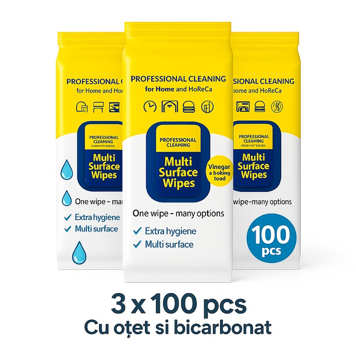 Servetele Umede Multi Suprafata 3x100 Buc Cu Otet Si Bicarbonat Pentru Curatare Profesionala Shopiens®
