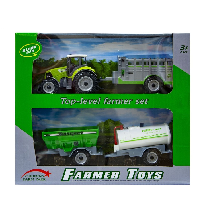 Зелен трактор със сменяеми ремаркета, Kathay-Haster, 19см, 25x6x21см