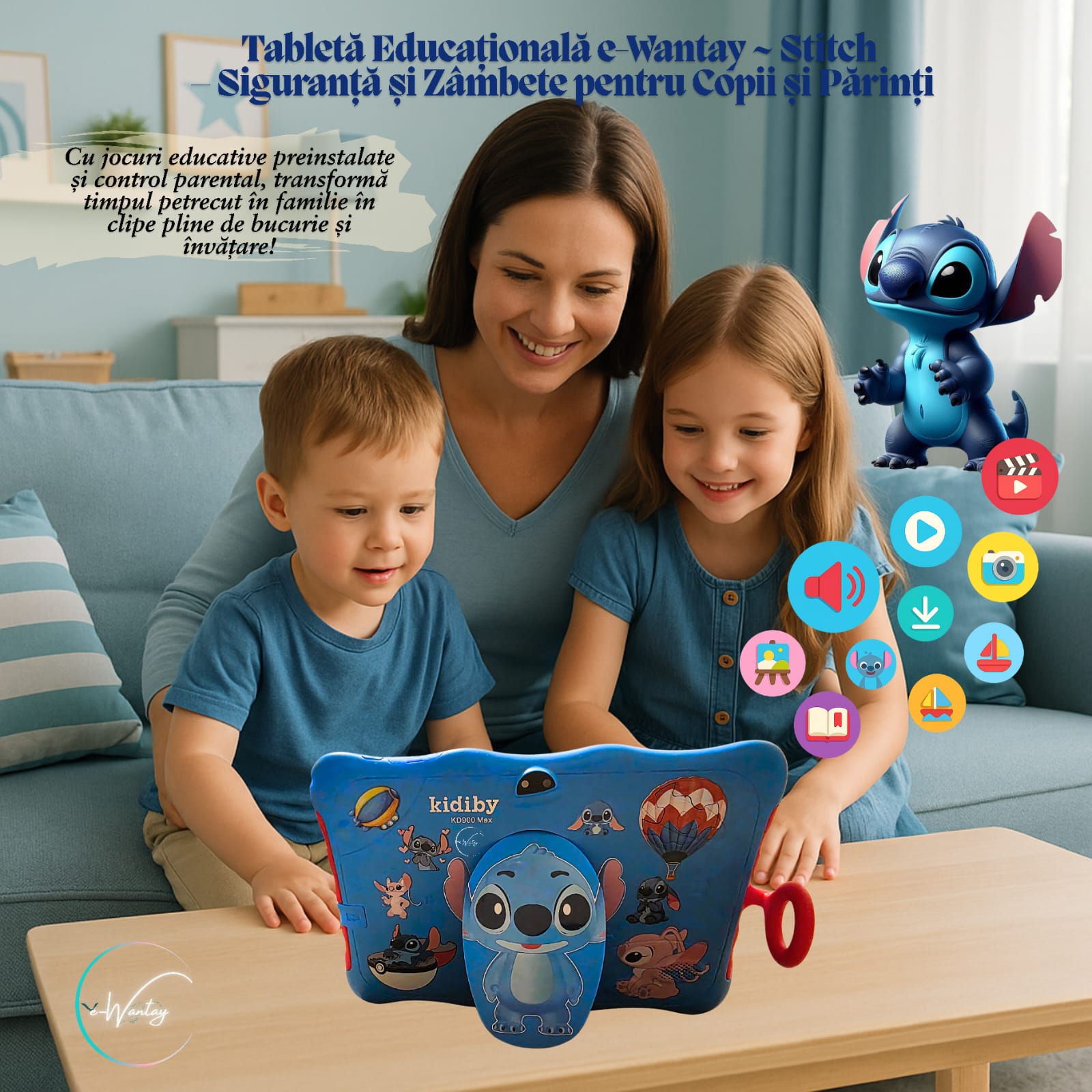 Tableta Educationala Copii e-Wantay® Kidiby~Stitch 7” HD, Android, 2GB RAM + 32GB, Jocuri Educative, Control Parental, Camera Foto Dubla, Bluetooth, WiFi, Baterie 3000mAh, Carcasa Rezistenta cu Suport, Folie de Protectie +Surprize pentru Copii Incluse