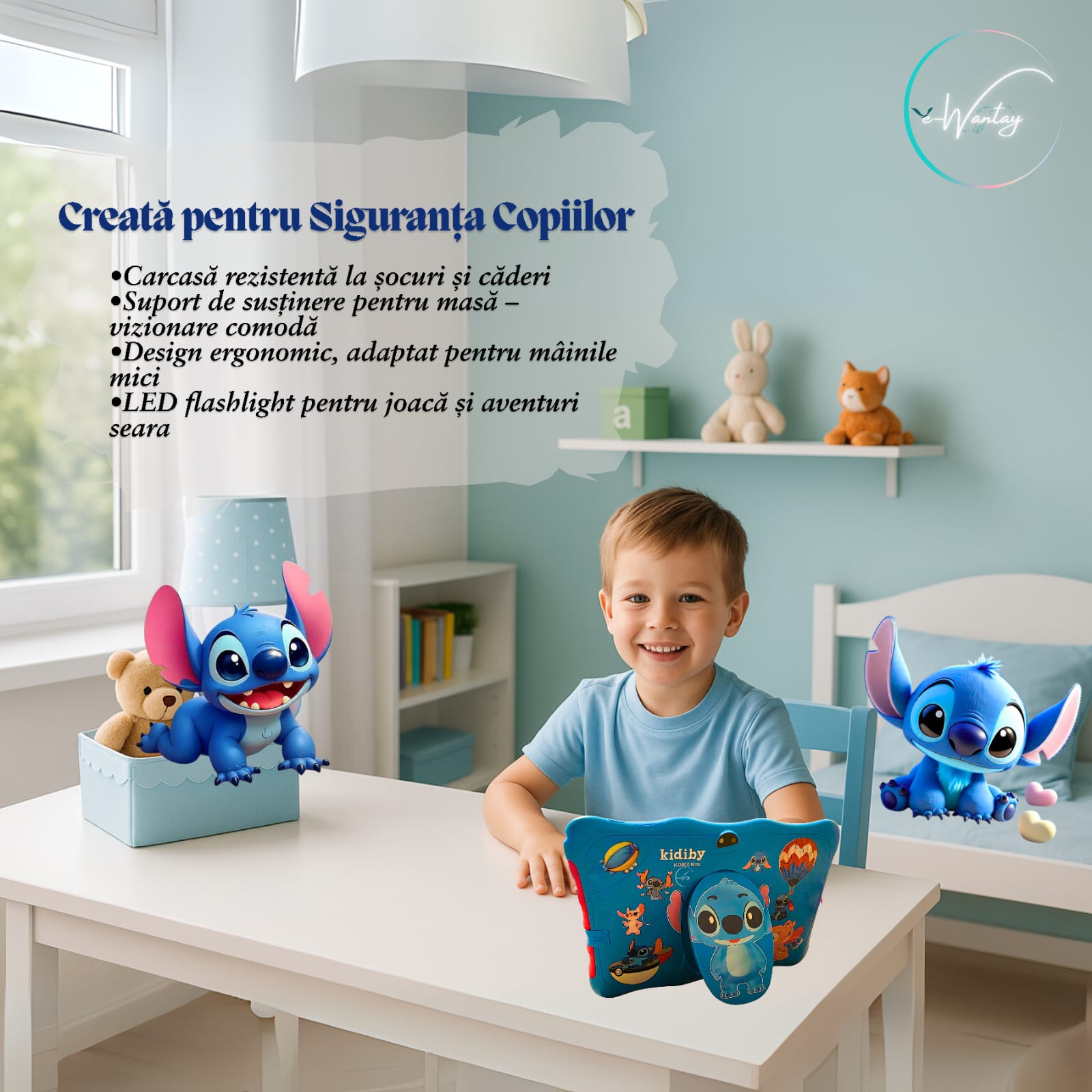Tableta Educationala Copii e-Wantay® Kidiby~Stitch 7” HD, Android, 2GB RAM + 32GB, Jocuri Educative, Control Parental, Camera Foto Dubla, Bluetooth, WiFi, Baterie 3000mAh, Carcasa Rezistenta cu Suport, Folie de Protectie +Surprize pentru Copii Incluse