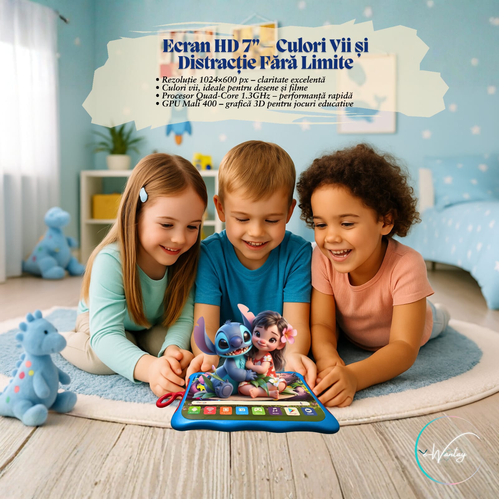 Tableta Educationala Copii e-Wantay® Kidiby~Stitch 7” HD, Android, 2GB RAM + 32GB, Jocuri Educative, Control Parental, Camera Foto Dubla, Bluetooth, WiFi, Baterie 3000mAh, Carcasa Rezistenta cu Suport, Folie de Protectie +Surprize pentru Copii Incluse