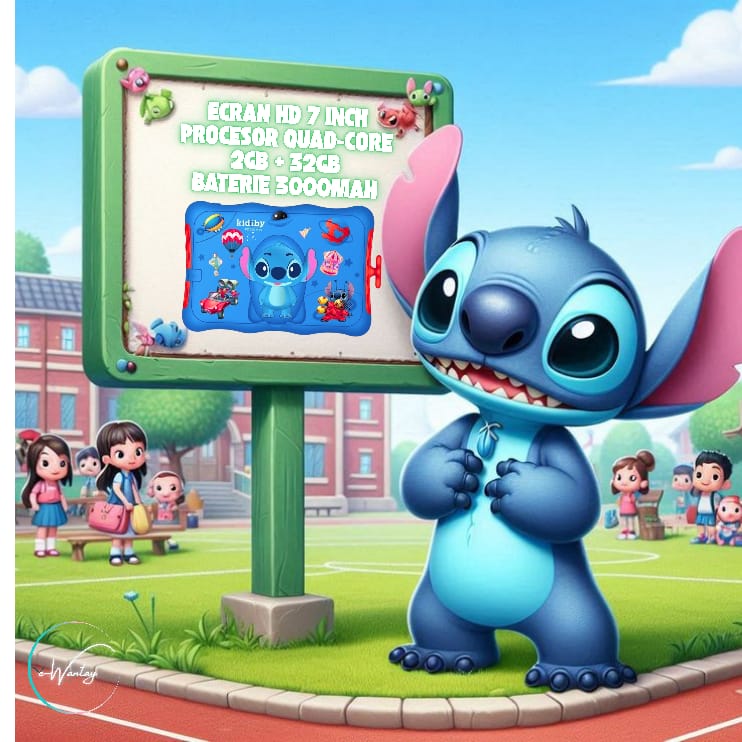 Tableta Educationala Copii e-Wantay® Kidiby~Stitch 7” HD, Android, 2GB RAM + 32GB, Jocuri Educative, Control Parental, Camera Foto Dubla, Bluetooth, WiFi, Baterie 3000mAh, Carcasa Rezistenta cu Suport, Folie de Protectie +Surprize pentru Copii Incluse