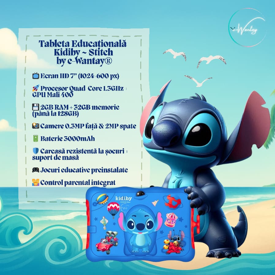 Tableta Educationala Copii e-Wantay® Kidiby~Stitch 7” HD, Android, 2GB RAM + 32GB, Jocuri Educative, Control Parental, Camera Foto Dubla, Bluetooth, WiFi, Baterie 3000mAh, Carcasa Rezistenta cu Suport, Folie de Protectie +Surprize pentru Copii Incluse