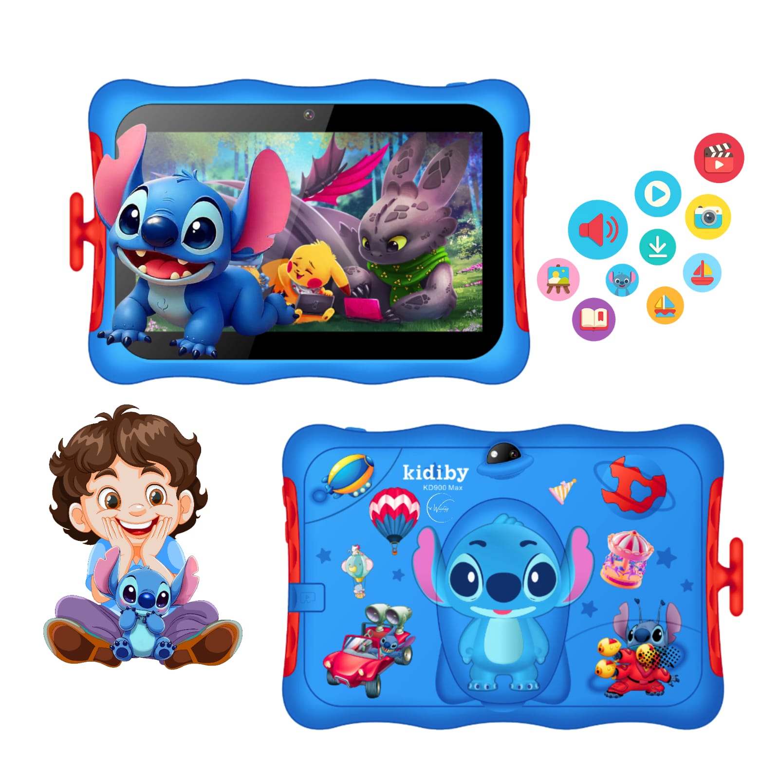 Tableta Educationala Copii e-Wantay® Kidiby~Stitch 7” HD, Android, 2GB RAM + 32GB, Jocuri Educative, Control Parental, Camera Foto Dubla, Bluetooth, WiFi, Baterie 3000mAh, Carcasa Rezistenta cu Suport, Folie de Protectie +Surprize pentru Copii Incluse