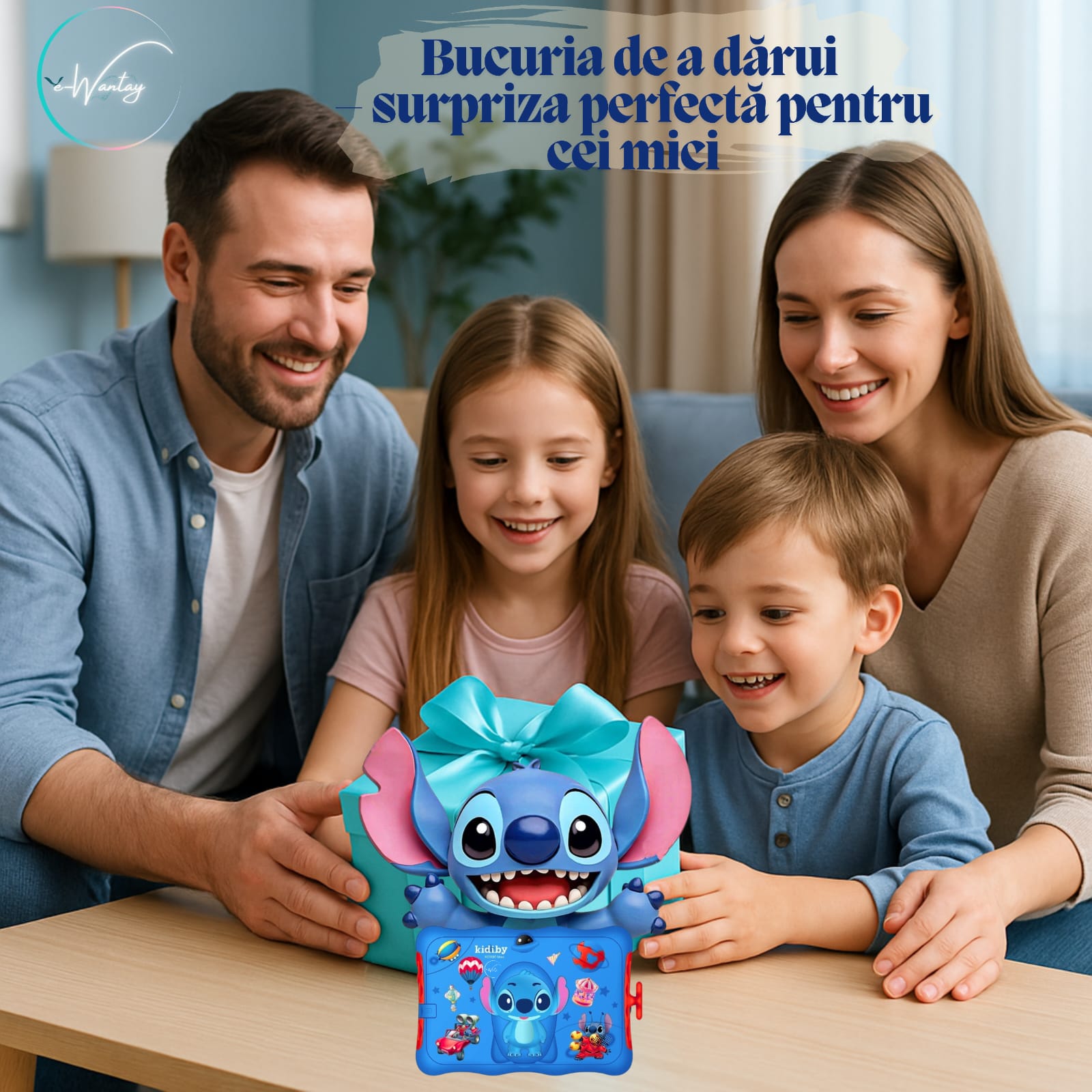 Tableta Educationala Copii e-Wantay® Kidiby~Stitch 7” HD, Android, 2GB RAM + 32GB, Jocuri Educative, Control Parental, Camera Foto Dubla, Bluetooth, WiFi, Baterie 3000mAh, Carcasa Rezistenta cu Suport, Folie de Protectie +Surprize pentru Copii Incluse