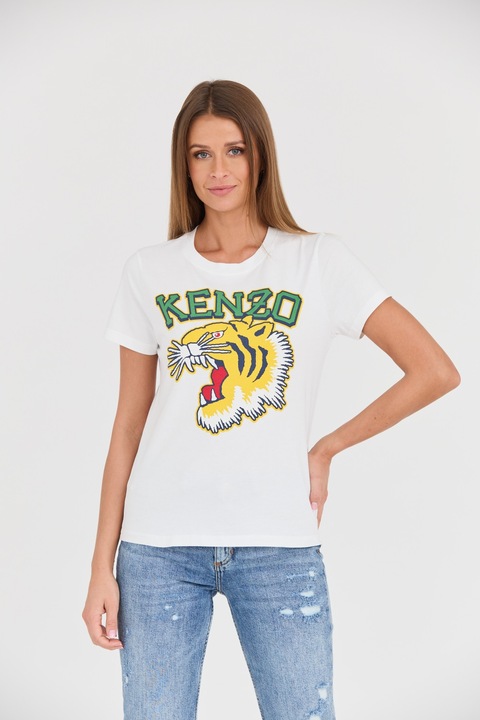 Tricou dama KENZO Varsity alb, crewneck, 2 caracteristici reprezentative, XS INTL