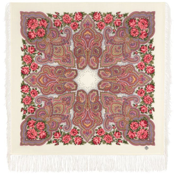 Gyapju sal selyem rojtokkal Orosz stilusu, "platki" tipusu, idealis ingre vagy elegans salkent viselve, Többszínű, 89 x 89