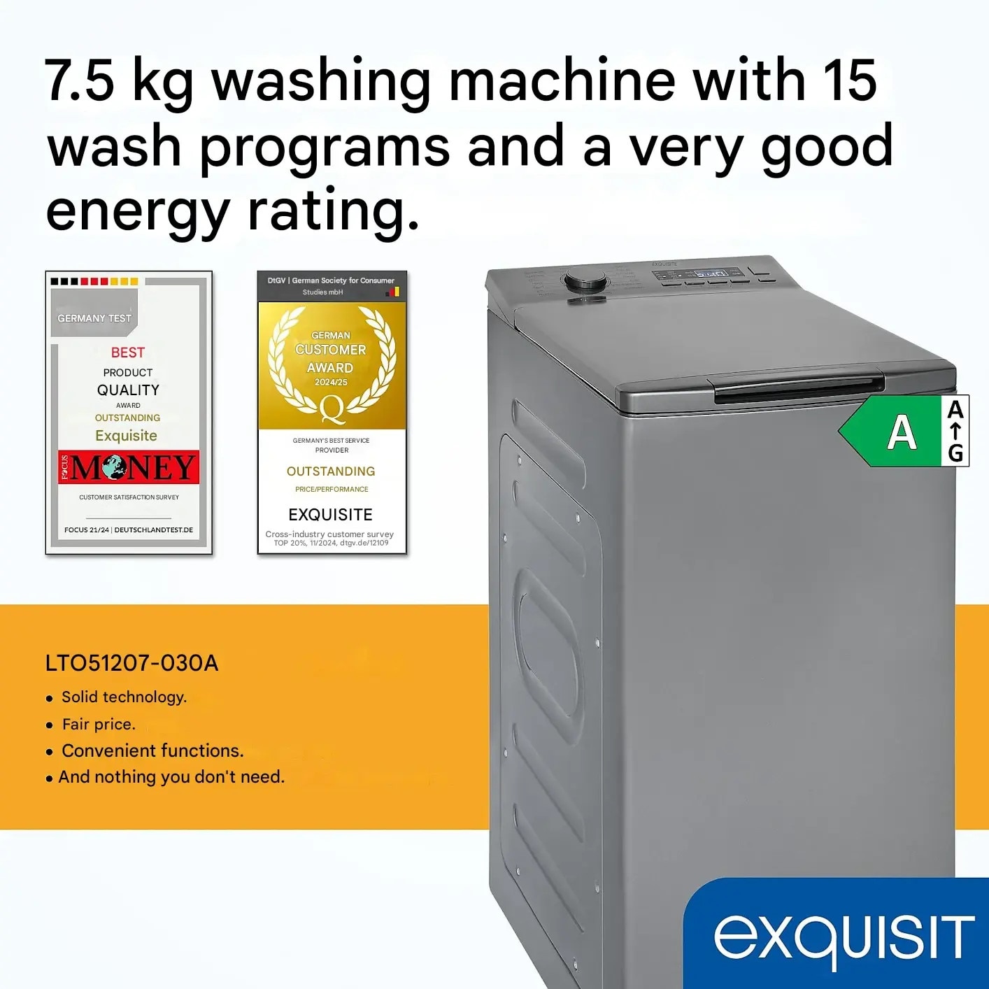 Masina de spalat rufe cu incarcare verticala, Exquisit, capacitate 7.5 kg, 15 programe de spalare, mod abur si autocuratare, 1200 rpm, pornire intarziata, filtru pentru scame, afisaj LED, Child Lock, semnal acustic, design compact, gri