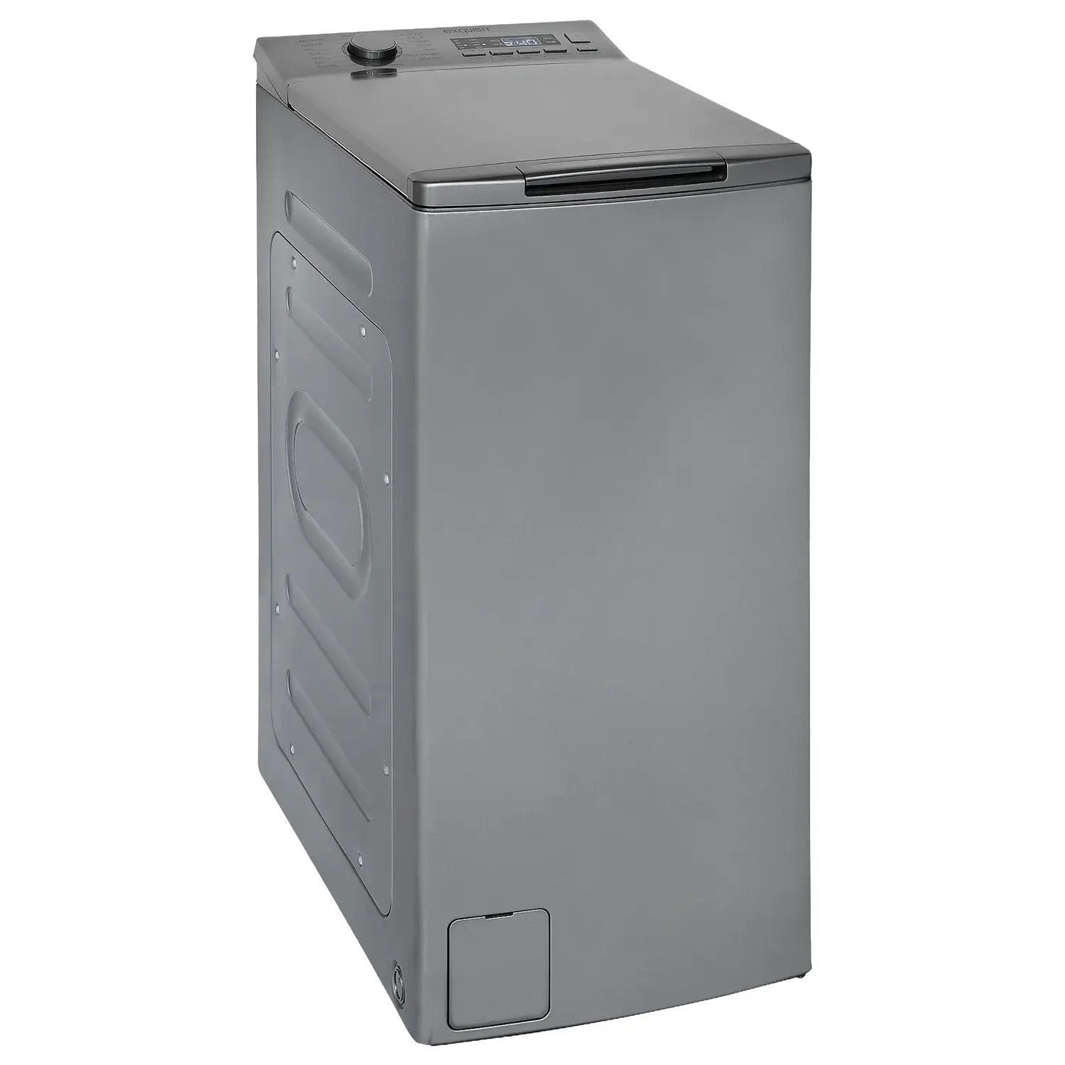Masina de spalat rufe cu incarcare verticala, Exquisit, capacitate 7.5 kg, 15 programe de spalare, mod abur si autocuratare, 1200 rpm, pornire intarziata, filtru pentru scame, afisaj LED, Child Lock, semnal acustic, design compact, gri