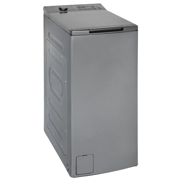 Masina de spalat rufe cu incarcare verticala, Exquisit, capacitate 7.5 kg, 15 programe de spalare, mod abur si autocuratare, 1200 rpm, pornire intarziata, filtru pentru scame, afisaj LED, Child Lock, semnal acustic, design compact, gri