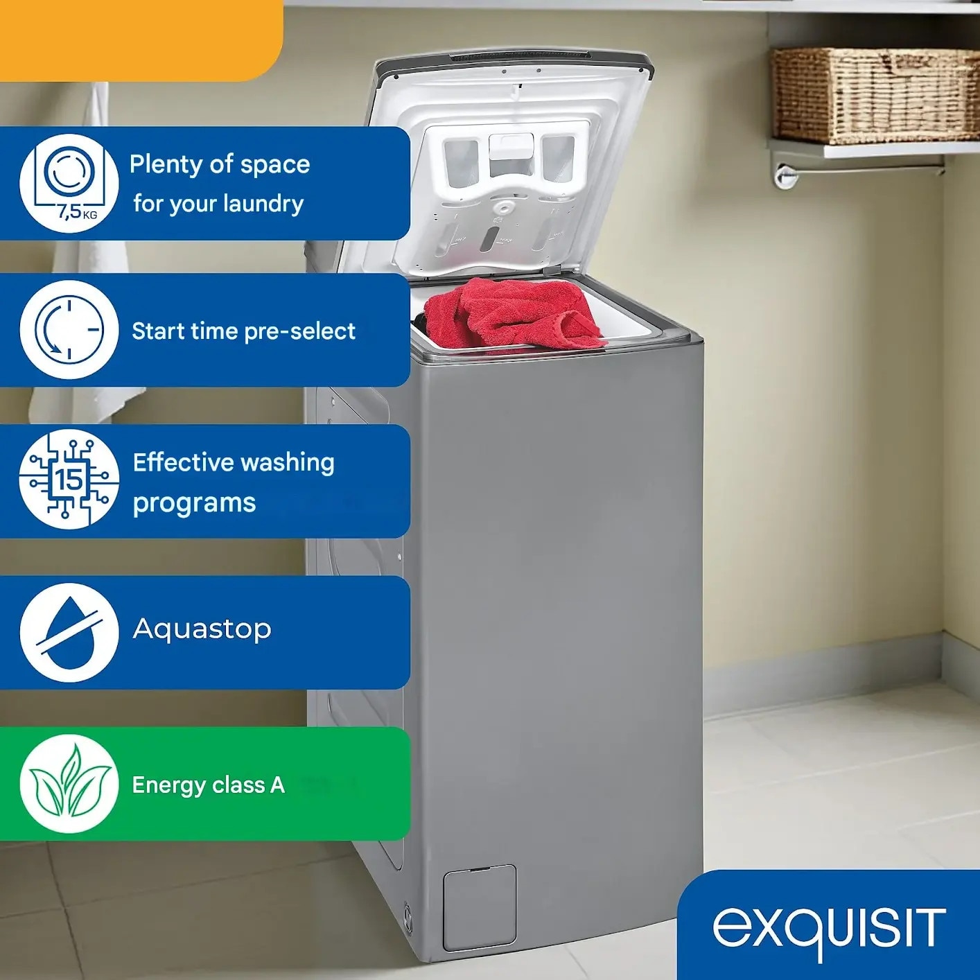 Masina de spalat rufe cu incarcare verticala, Exquisit, capacitate 7.5 kg, 15 programe de spalare, mod abur si autocuratare, 1200 rpm, pornire intarziata, filtru pentru scame, afisaj LED, Child Lock, semnal acustic, design compact, gri