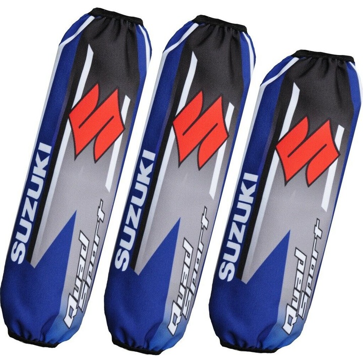 Set 3 huse amortizoare ATV albastru, impermeabile, protectie noroi si praf, prindere Velcro, compatibil cu modelele Suzuki LTZ / LTR
