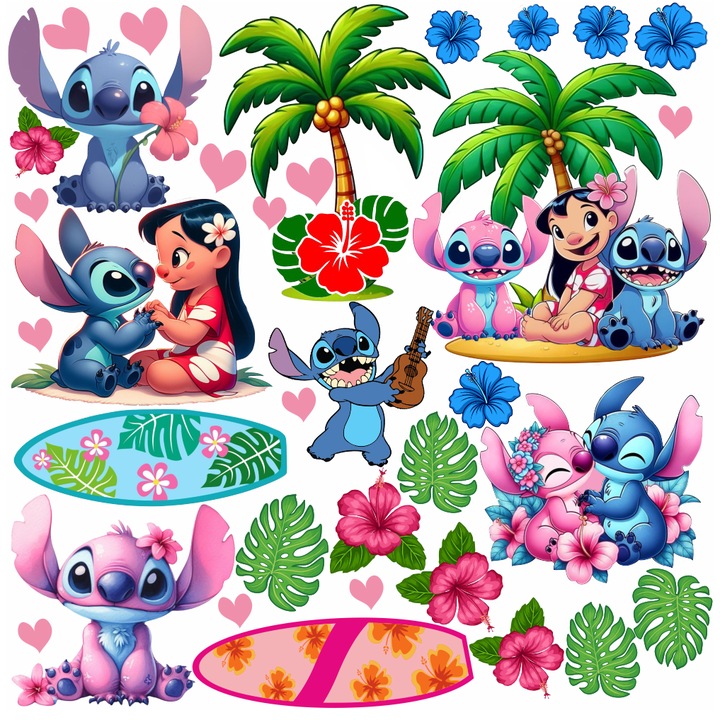 Stickere Perete Stitch si Lilo, 35 piese, aprox. 1 m², Autocolant Textil Premium Repozitionabil
