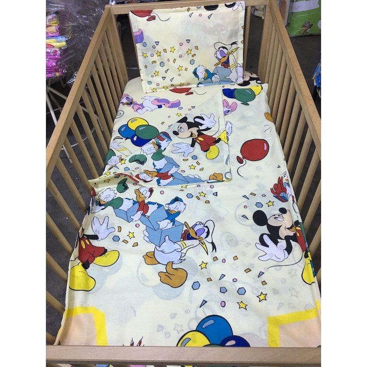 Lenjerie trei piese, din bumbac, culoare galben, pentru patut de bebelusi 120/60cm, din colectia "Prietenii mei" - LPB10