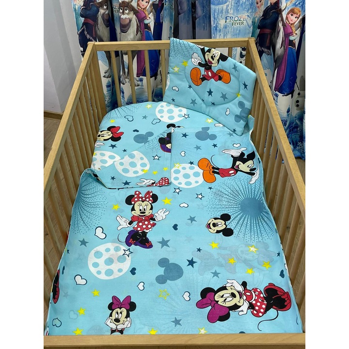 Lenjerie trei piese, din bumbac, culoare albastru deschis pal, pentru patut de bebelusi 120/60cm, din colectia "Prietenii mei" - LPB39