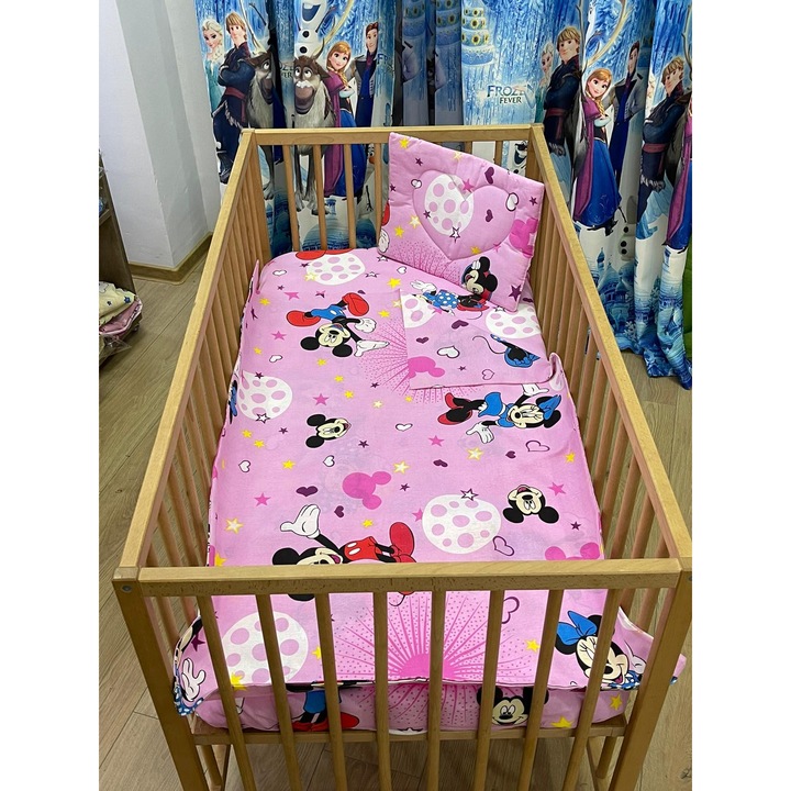 Lenjerie trei piese, din bumbac, culoare roz, pentru patut de bebelusi 120/60cm, din colectia "Just forbaby girls" - LPB40