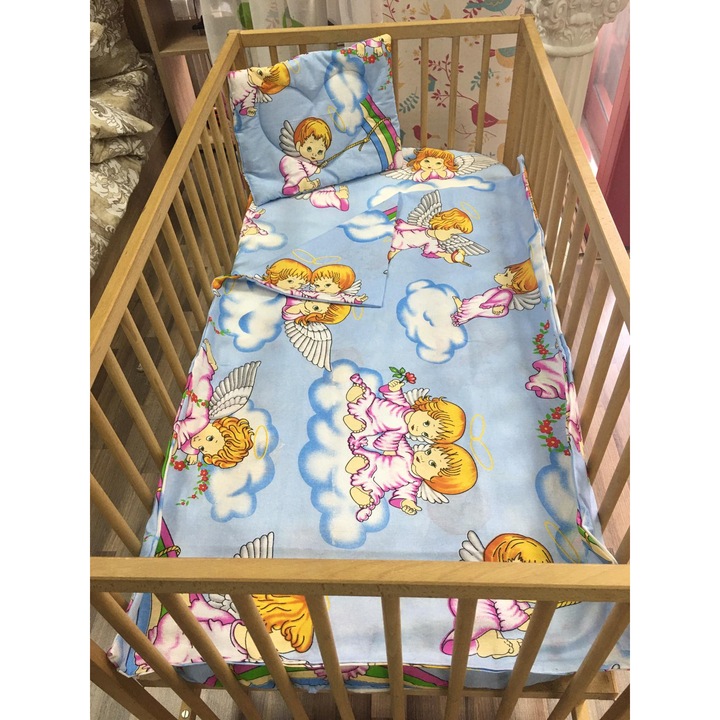 Lenjerie trei piese, din bumbac, culoare albastru deschis, pentru patut de bebelusi 120/60cm, din colectia "Visul lui Bebe" - LPB012