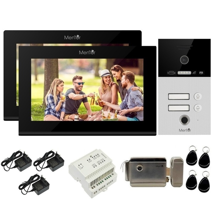 Kit VideoInterfon WiFi 2 familii Mentor SYKT088B 5in1 cu aplicatie, amprenta, tag, buton si cheie, cu 2xMonitor color de 7 inch, Panou exterior AHD 2MP IP65 incastrabil, Distribuitor semnal, Yala electromagnetica, sistem pe 2 fire 24V